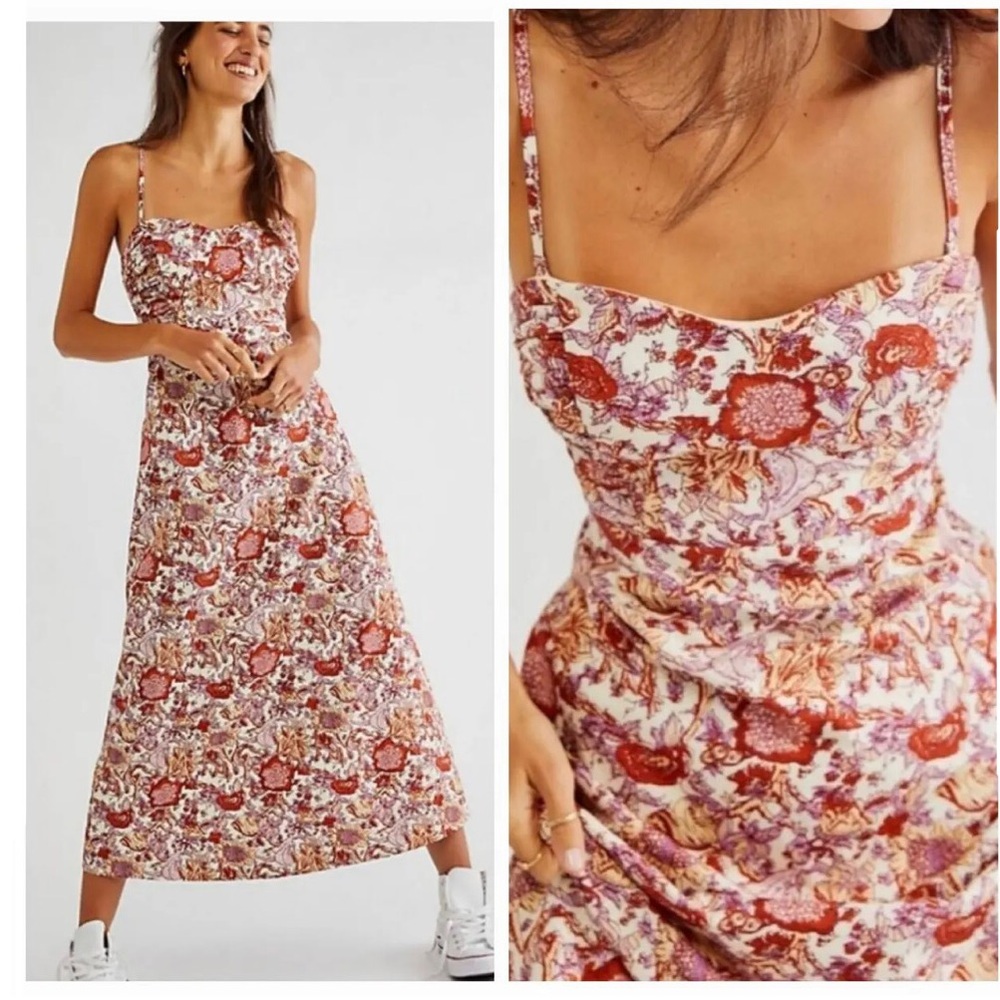 Free People Floral Midi Dress - Red and White